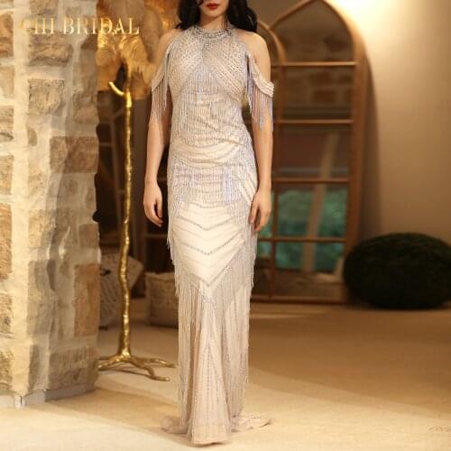 New Ladies Luxury Crystal Beads Tassels Handmade Sexy Halter Fishtail Skirt Evening Dress Elegant And Luxurious Temperament