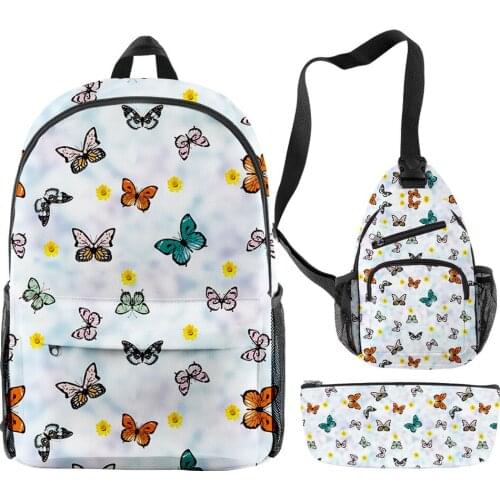 New Butterfly 3D Color Printing Campus Student Backpack Satchel Pencil Bag Set