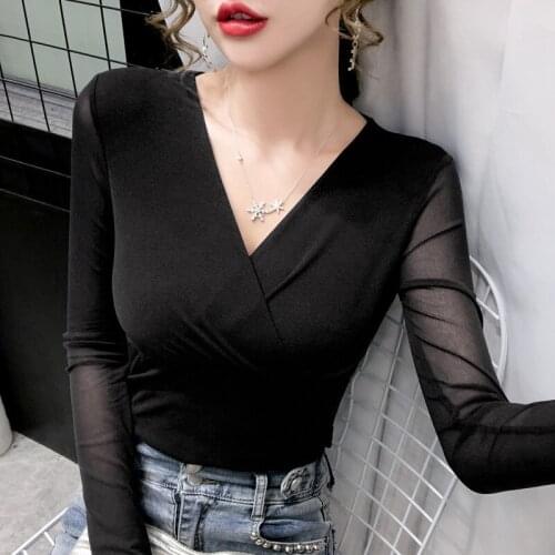 Spring And Autumn New Fashion Tops Tide Style Pure Color Cross High Elastic Mesh Long-sleeved Chiffon Shirt Womens Slim Slim