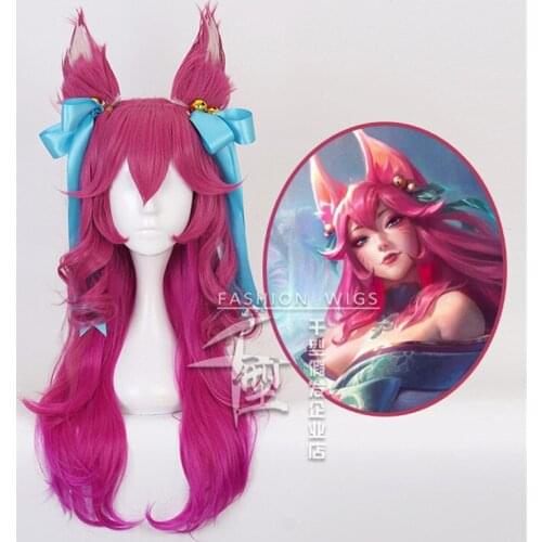 Spirit Blossom Ahri Cosplay Wig with Ears and Headwear Women 70cm Long Curly Wave Wig Heat Resistant Synthetic Wigs Halloween