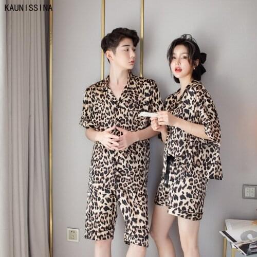 Couple Pajamas Set Women Mens Silk Satin Pajama Set Couples Short Sleeve Leopard Print Sleepwear Homewear Unisex Pajama Suit