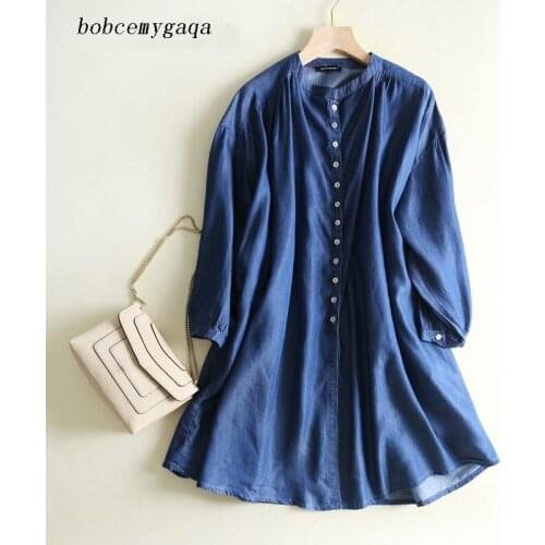 Oversized Jeans Mini Shirt Dress Women Button Up O Neck Long Sleeve Casual Dress Vintage Summer Spring Loose Jeans Denim Dress