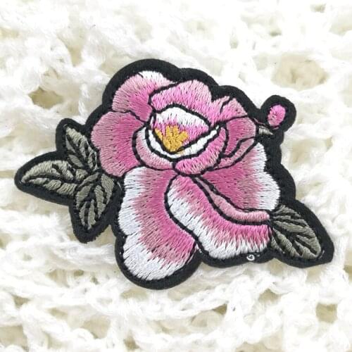 Sew On Iron On Patches For Clothing Embroidered Patches Pink Peony Flower Appliques Clothes Stickers DIY Fabric Badges BT214