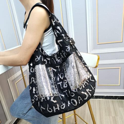 Large Size 48cm Shopper Bag Ita Shining Sequines Letter Black Women Handbag Tote Shoulder Bolso Luxury Designer Sac A Main