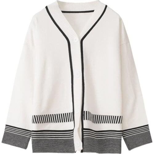 Women Black Single-Breasted Knit Sweater V-Neck Long-Sleeved Fashion Black Striped Loose Sweater Tops Autumn Winter Cardigan