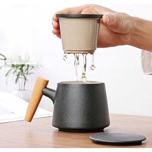 Creative Ceramics Tea Infuser Mugs Cup with Lid Cover Filter Wooden Handle for Milk Coffee Juice Tumbler Small Business Supplies