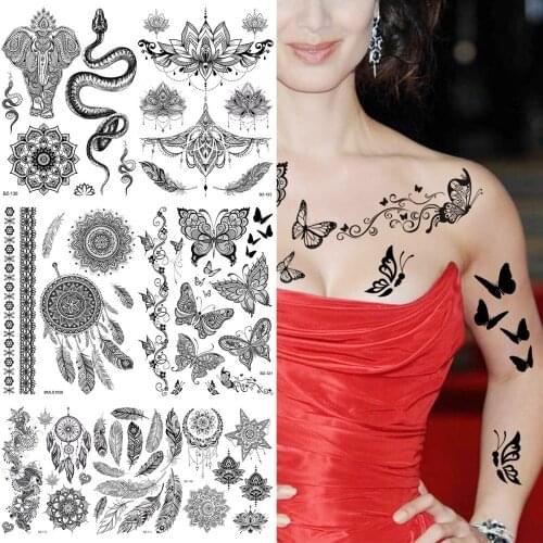 Henna Butterfly Temporary Tattoos For Women Girls Lotus Snake Elephant DreamCatcher Star Fake Fake Tattoo Sticker Tatoos