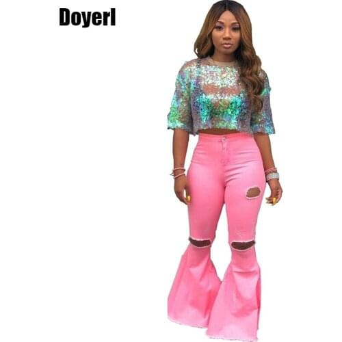 High Waist Denim Flare Pants Women Streetwear Korean Style Sexy Hole Skinny Jeans Trousers Women Long Casual Bell Bottom Pants