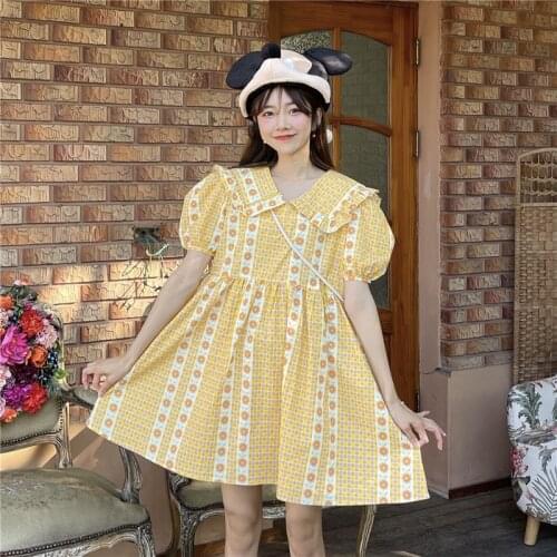 Japanese Summer New Sweet Girly Soft Girl Dress Kawaii Peter Pan Collar Puff Sleeve Cute Plaid Flowers Elegant Dresses Women