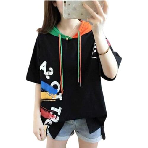 New student hooded short-sleeved T-shirt female 2019 summer new loose color matching graffiti half-sleeve sweater women