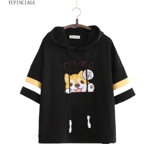 Harajuku Style 2020 Summer Hoodies Womens Kawaii Cartoon Embroidery Female Hooded Cotton Short Sleeve Cute Tops YUPINCIAGA