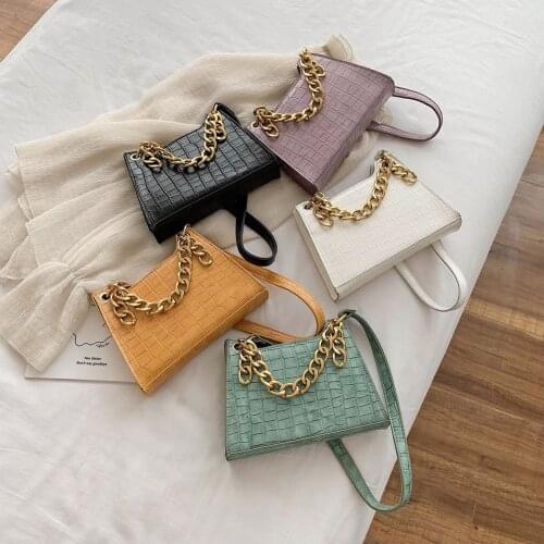 Causal PU Leather Thick Chain Shoulder Underarm Purse Retro Stone Pattern Womens Handbag Fashion Female Pure Color Travel Bag