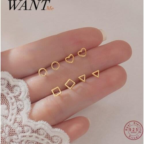 WANTME 925 Sterling Silver Minimalist Geometric Love Square Round Stud Earrings for Women Cute Teen Fashion Party Gold Jewelry