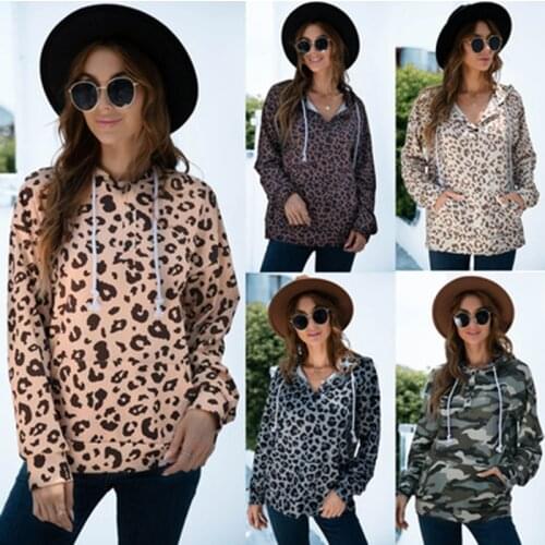 Lady Leopard Pullover Harajuku Korean Version Loose Thin Long-sleeved Female Hooded Sun Protection Coat Solid Color Retro Hoodie