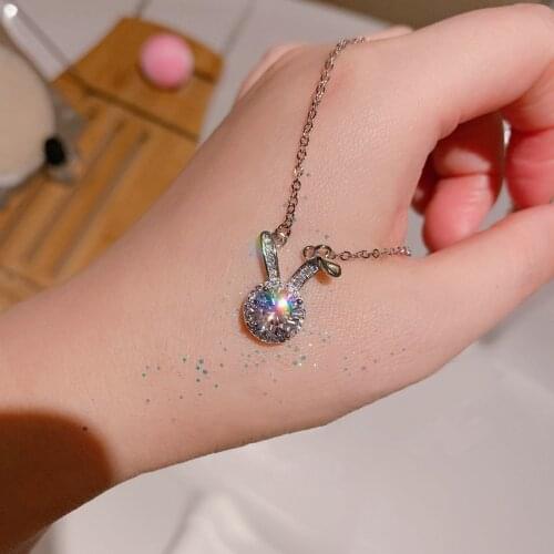 Cute Animal Bunny Pendnat Necklace for Women Shiny 2 Carats Zircon 925 Sterling Silver Pendant Long Chain Charms Fine Jewelry