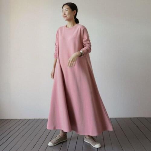 Johnature 2021 Winter New Solid Color Loose Women Dresses Casual Korean O-neck Full Sleeve A-Line Female Dress