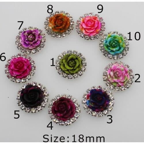 10pcs 18mm Multi Color Roses Resin Rhinestone Button Silver Base Craft Supplies Decorate Hair Flower Center Scrapbooking