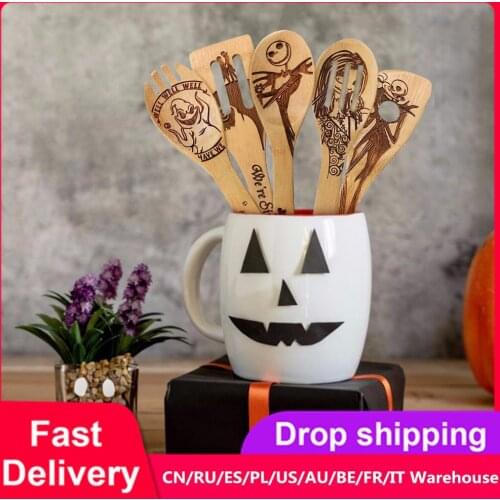 5Pcs Non-stick Spatula Shovel Wooden Halloween Cooking Utensils Set Cookware Cooking Tool Gift Wooden Shovel Kitchen Accessories