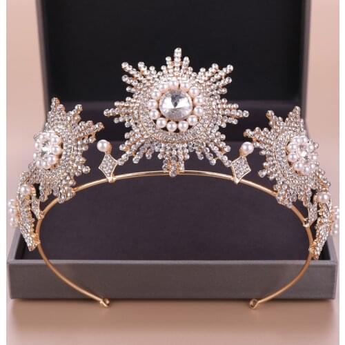 FORSEVEN European Gold Floral Simulated Pearl Crystal Tiara and Crowns Princess Headband Bridal Bride Noiva Wedding Hair Jewelry