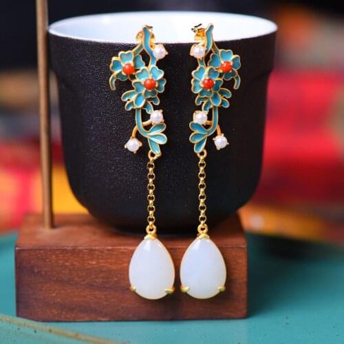 Natural Hetian Jade Water Drop Long Eardrops Inlaid S925 Sterling Silver Enamel Cloisonne Earrings Court Ornament for Women