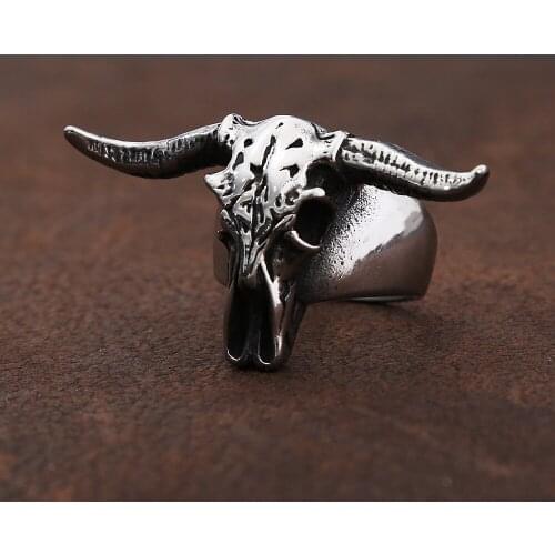 Gothic Bull Head Skull Ring Stainless Steel Punk Hip Hop Biker Animal Skull Mens Ring Jewelry Gift Wholesale Size 7-13