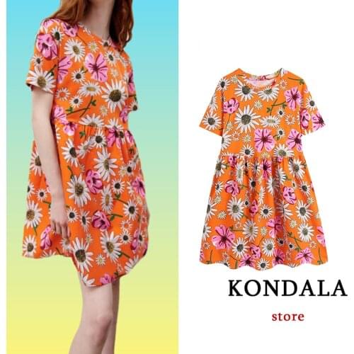 KONDALA Za 2021 Women Chic Orange Floral Mini Dress Short Sleeve O Neck Ruffles Vintage Dress Elegant Holiday Mujer Vestidos