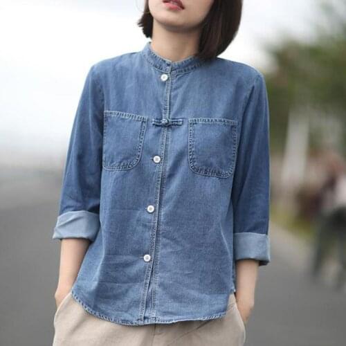 Brief Women Blouses Vintage Button Full Sleeve Stand Collar Solid Color Casual Women Shirts 2021 New Retro Autumn Ladies Tops