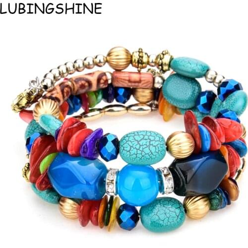LUBINGSHINE Natural Stone Beads Jewelry Multi Layer Charms Elastic Bracelets Bangles For Women Flower Pendant Bracelet Joyeria