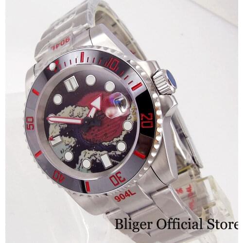 BLIGER Stainless Steel NH35A 40mm Selfwinding Men Wristwatch Red Marks Insert Green Luminous Dial Brushed Oyster Bracelet