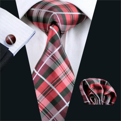 FA-376 Gents Necktie Red Plaid 100% Silk Jacquard Tie Hanky Cufflinks Set Business Wedding Party Ties For Men Free Shipping