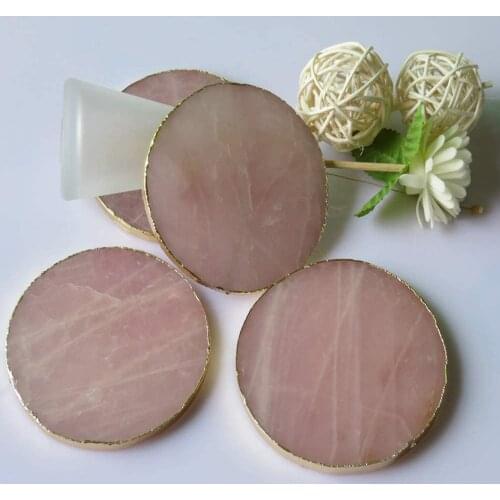 Natural Crystal Stone Cup Mat, 3PCS Small Drink Coasters with Gold Brass Edge, Coffee Table Party Decor (Pink)