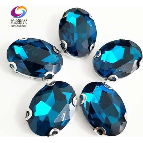 Peacock blue oval shape Glass Crystal sew on D shape Anti hook claw rhinestones with holes,Diy/Clothing accessories SWTD13