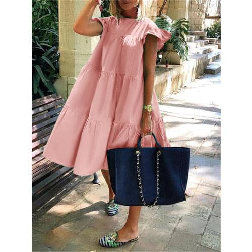 Casual Cotton Dress VONDA 2021 Loose Crew Neck Solid Ruffled Dresses Summer Holiday Party Vestidos Femme Beach Sundress S