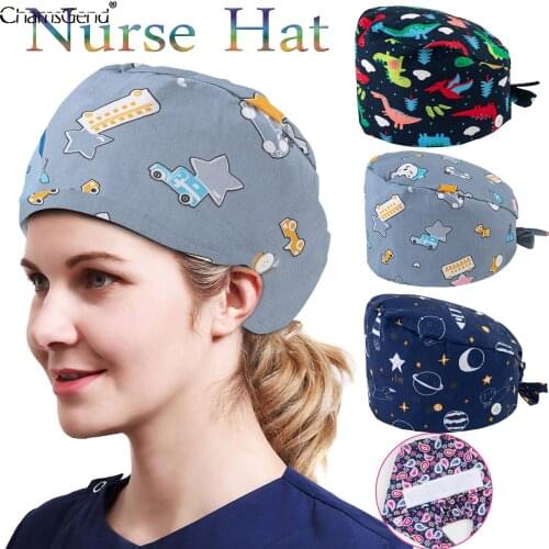 New Unisex Scrubs Hat Women Printed Doctor Nurse Beauty Cap Work Breathable Adjustable Dust Hat Cartoon Print Casual Beanies