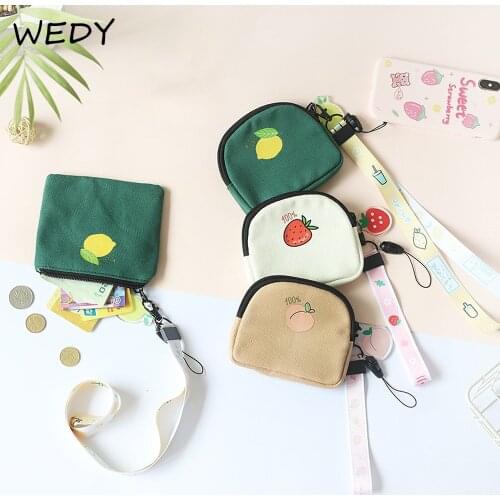 Fruit Print Cute Coin Purse Small Square Women Phone Purse Hanging Neck Coin Pouch Female Canvas Card Holder Wallet Little Bag
