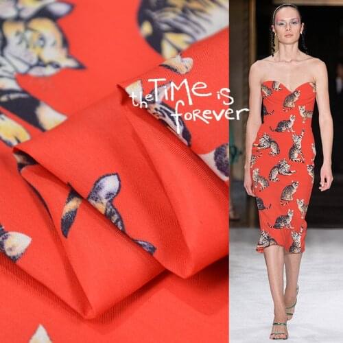Thick silk wool and cotton blended fabric animal design cat print on red bottom,SFF226