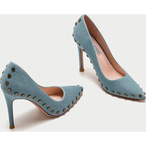 Spring rivet pointed stiletto high-heeled large size small size all-match work shoes low-heeled party dress womens shoes