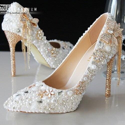 Spring crystal pointed white bridal wedding shoes pearl rhinestone stiletto banquet dress large size custom womens single shoes