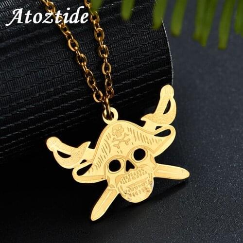 Atoztide Halloween Stainless Steel Skull Necklace Pendant Punk Grim Reaper Chain Necklace Skeleton Scimitar Sword Jewelry