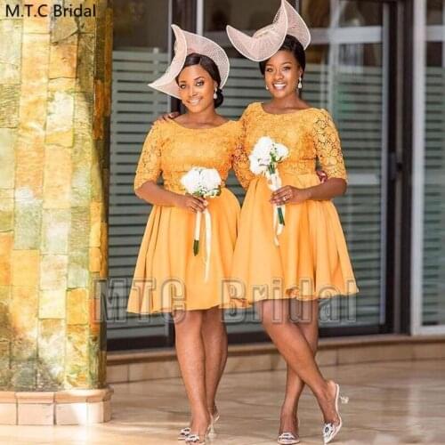 Yellow Gold Short African Bridesmaid Dresses With Half Sleeve A Line Lace Top Plus Size Black Women Wedding Party Dress Cheap