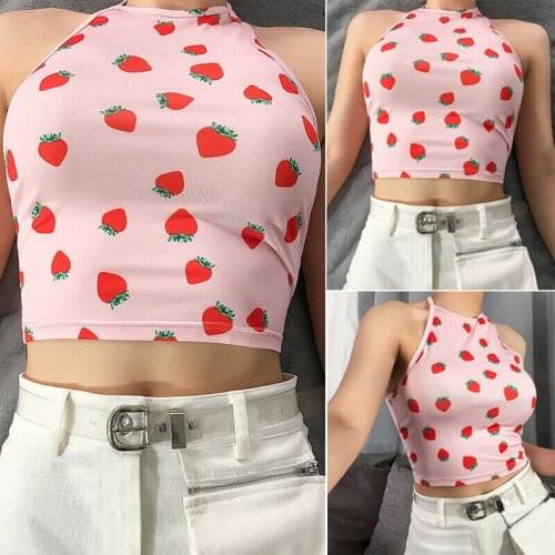 2019 New Fashion Women Summer Casual Tank Tops Vest Short Length Sleeveless Crop Strawberry Prints Tanks