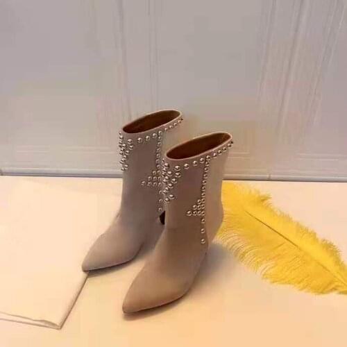 Womens Shoes Paris Layo Boots Beige Suede Silver-tone Studs Pointed Toe Heel 10.5 Cm Calfskin Leather