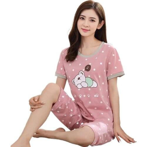Women sleepwear summer cotton pajamas women short-sleeved cropped trousers cute sweet simple home clothing