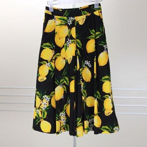 Customize woman Casual Calf-length Lemon Print Chiffon/Cotton Wide Leg Pants lady fashion Elastic Loose chic Palazzo Lounge pant