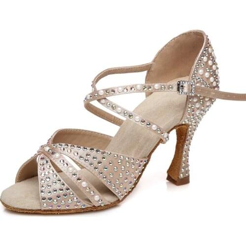 Ladies Pearl Latin Dance Shoes Girls Rhinestone Bachata Salsa Ballroom Dance Shoes Ladies Party Wedding High Heels Dance Shoes