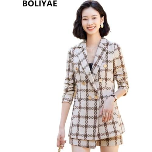 Boliyae Top Quality Fashion 2021 Designer Blazer Womens Plaid Classic Double Breasted Jacket Suits with Shorts Office Tops Trf