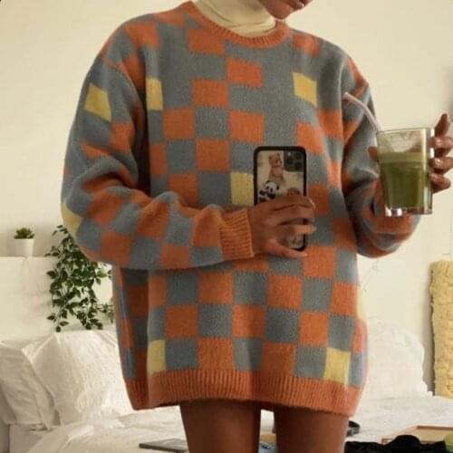 2000s Retro Plaid Knitted Sweater for Women Oversize Long Sleeve Pullovers Y2K Aesthetic Streetwear Female Autumn Winter Clothes