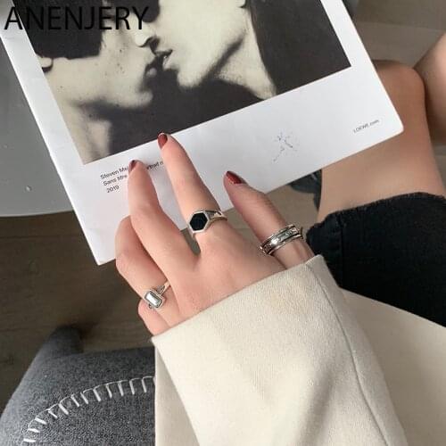 ANENJERY 925 Sterling Silver Black Drop Glaze Hexagon Square Ring for Women Thai Silver Geometric Open Ring Jewelry S-R857