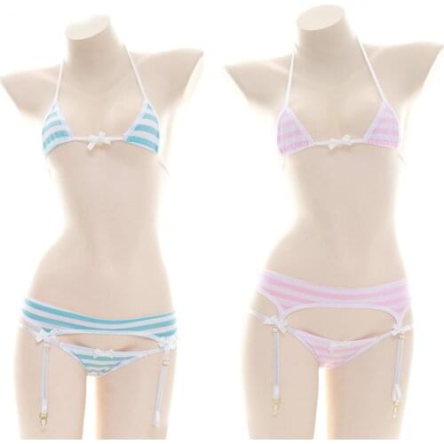 Japanese Sexy Lingerie Women Lolita Kawaii Blue Pink White Striped Mini Bikini Adult Cosplay Costumes Bra Underwear Set