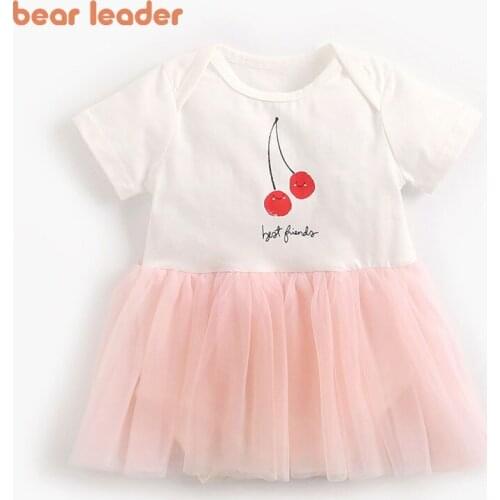 Bear Leader Sweet Baby Girls Patchwork Mesh Dress New Fashion Princess Party Costumes Toddler Cherry Print Clothes Birthday Suit